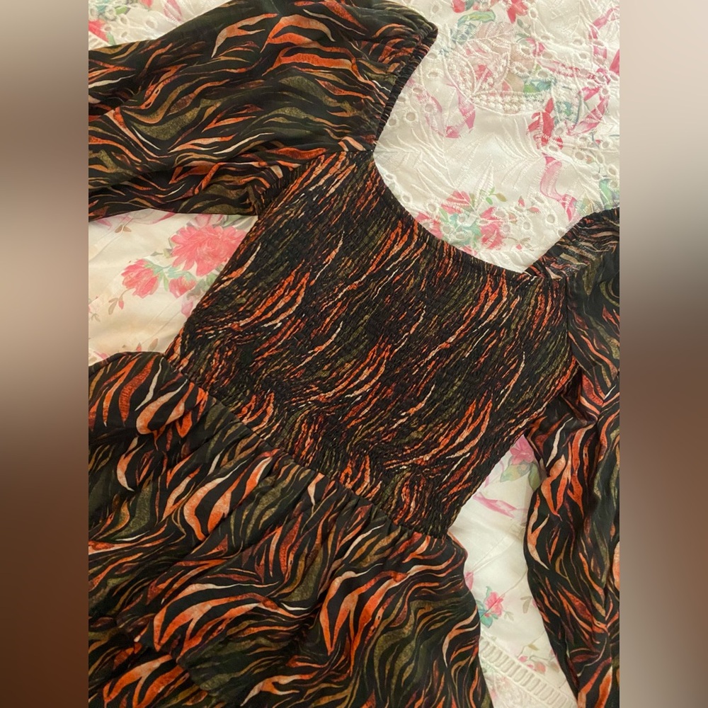 Entro Orange and Black Animal Print Long Sleeve Dress with Ruffles
